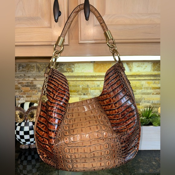 Brahmin Leather Croc Embossed Brown Shoulder Purse Bag - Picture 3 of 7